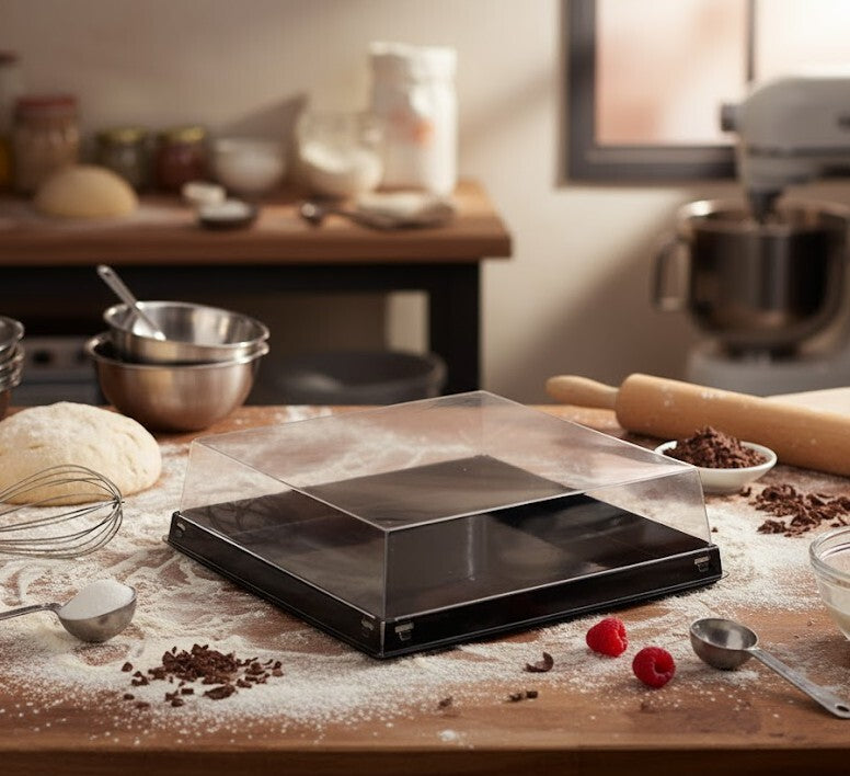 Scatola porta torte base quadrata color nero e coperchio alto rettangolare trasparente, vuota su tavolo dove si sta preparando un dolce