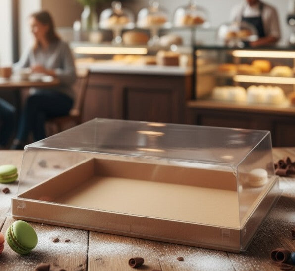 Scatola porta torte base quadrata color avana e coperchio alto rettangolare trasparente, vuota su tavolo di un bar 