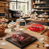 Scatola porta torte base quadrata color avana  ed una base nera e coperchio alto rettangolare trasparente, con dentro torte su tavolo di una pasticceria