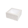 Scatola porta torte bianca con grafiche geometriche dorate, con finestra. Vuota