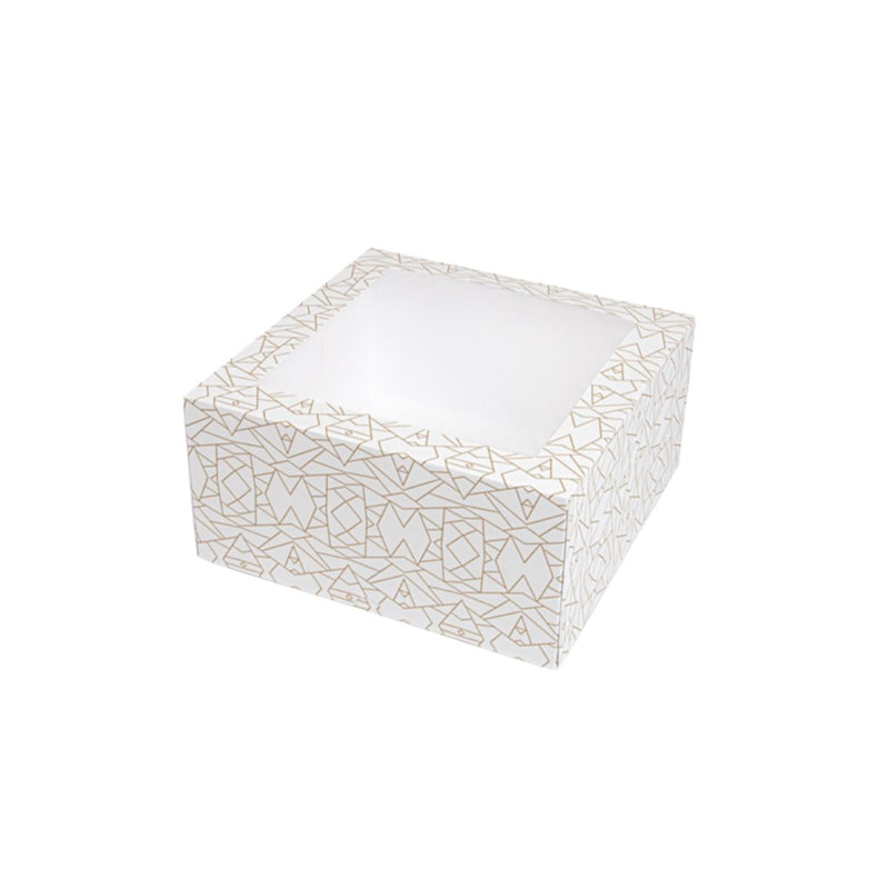 Scatola porta torte bianca con grafiche geometriche dorate, con finestra. Vuota