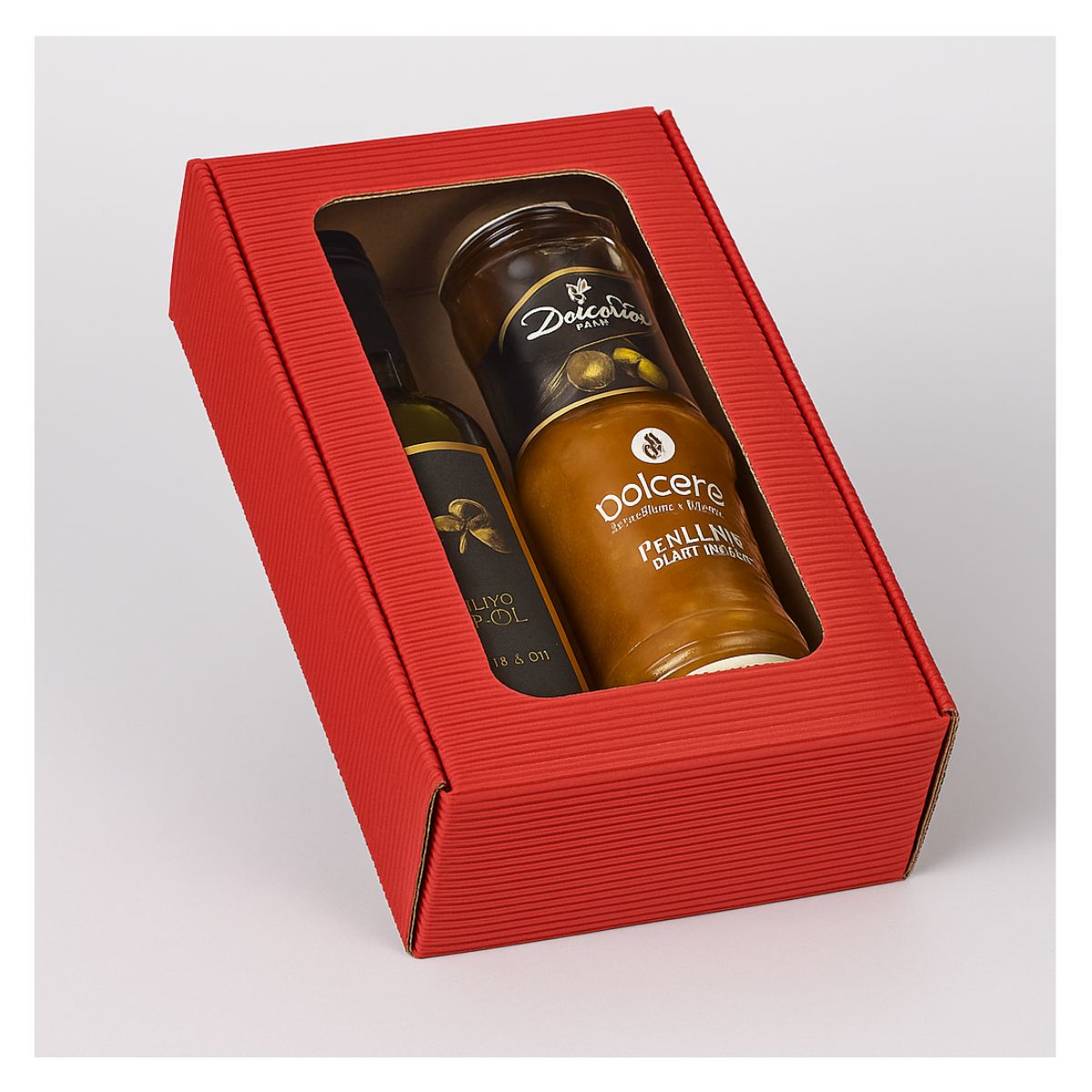 Scatola regalo rossa con finestra, mostrata piena