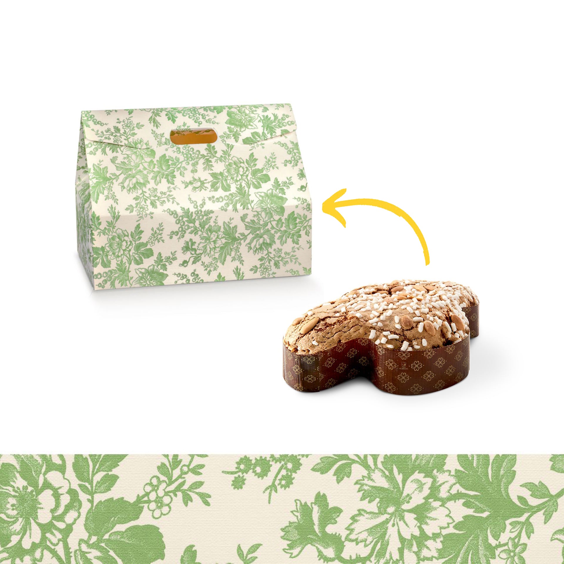 Scatola a valigetta con fantasie verde porta colomba, una colomba pasquale e dettaglio della fantasia 