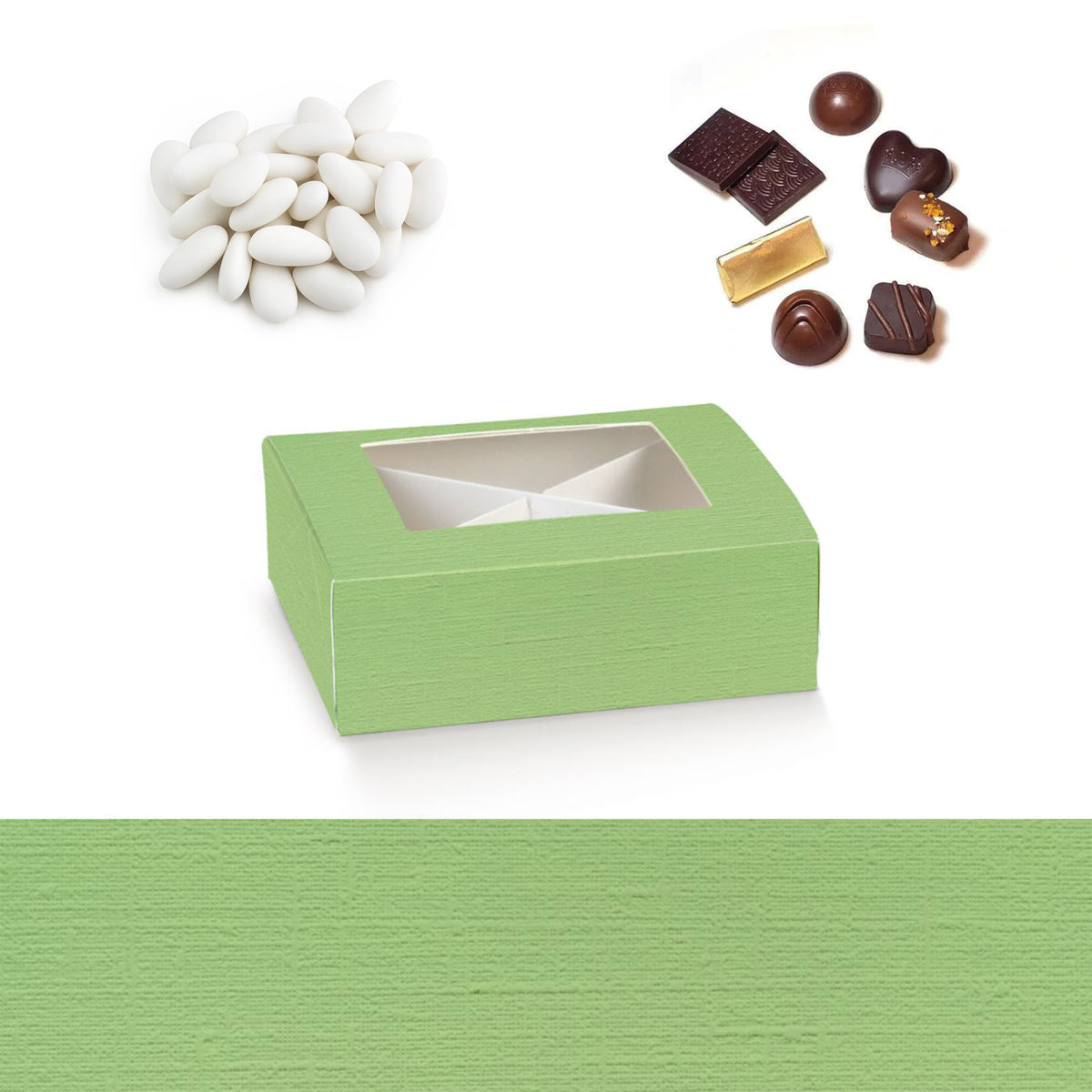 Scatola verde con finestra e divisori all'interno , dettaglio della trama, confetti e cioccolatini 
