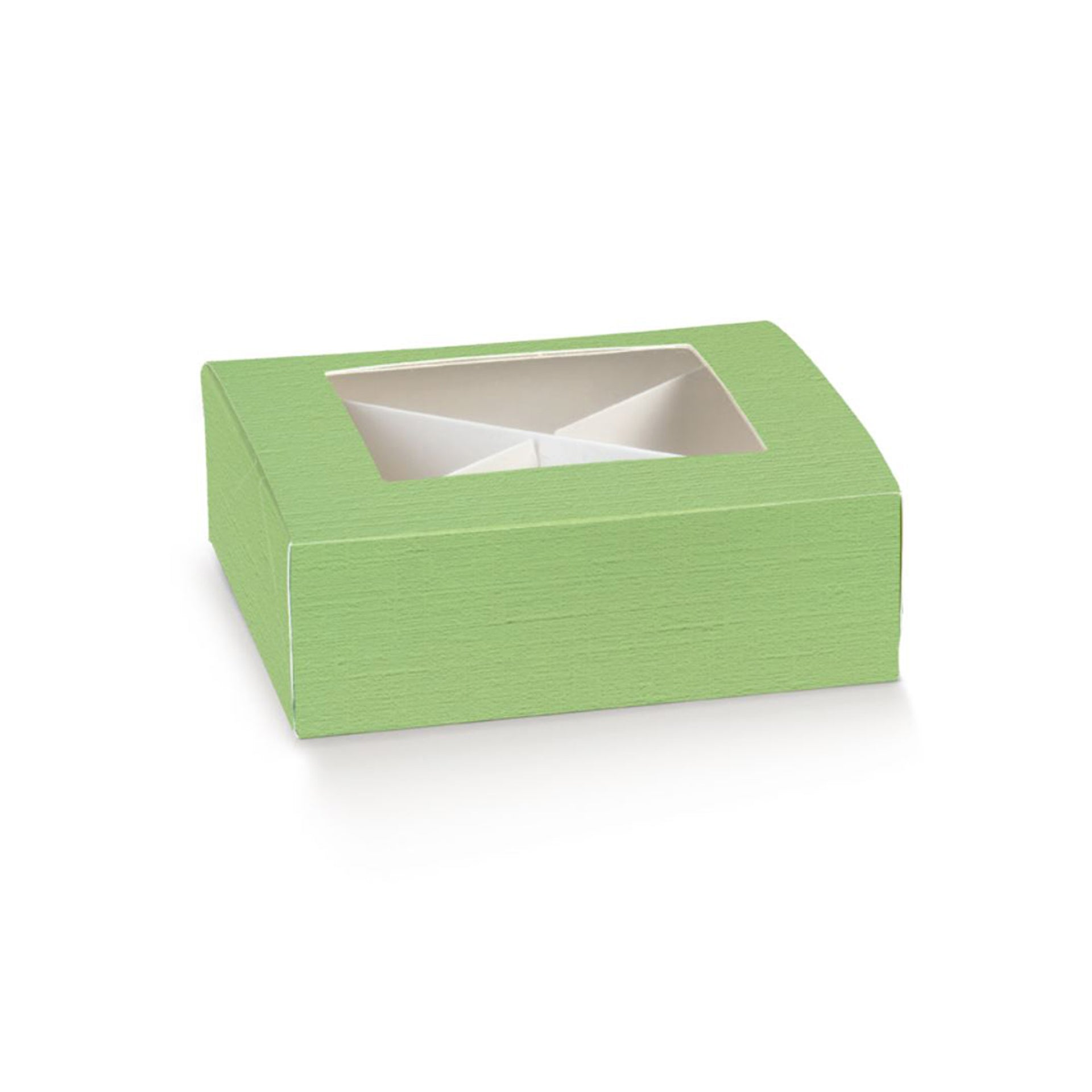 Scatola verde con finestra e divisori all'interno