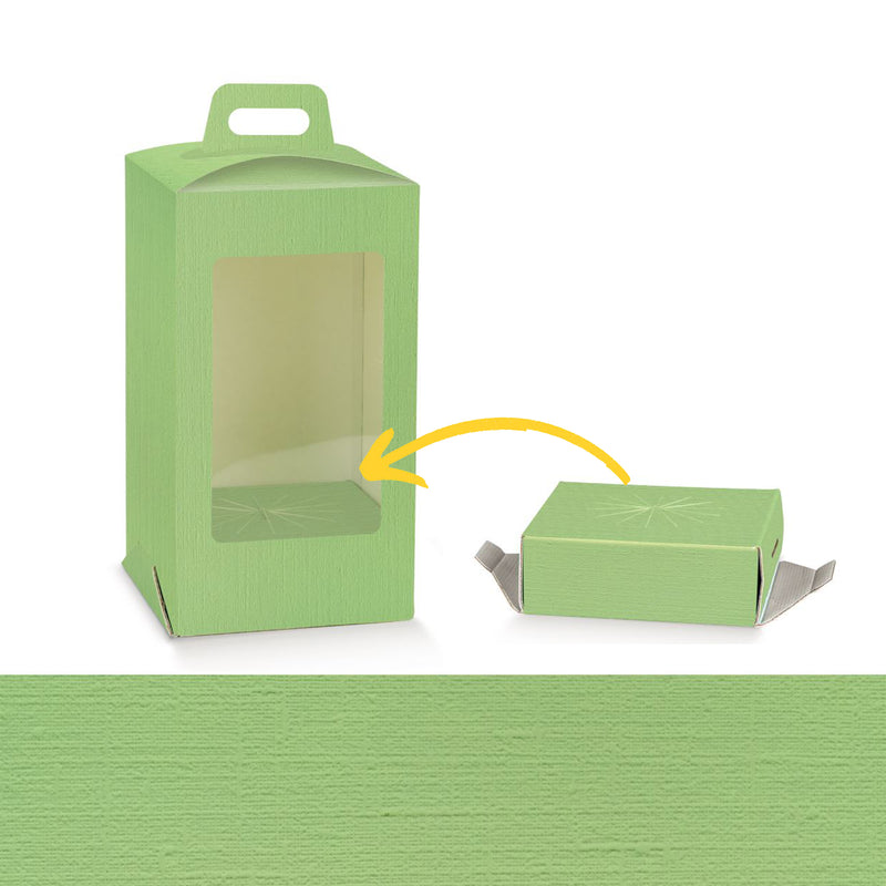 Scatola verde con finestra porta uovo di cioccolato, base della scatola e dettaglio della trama 