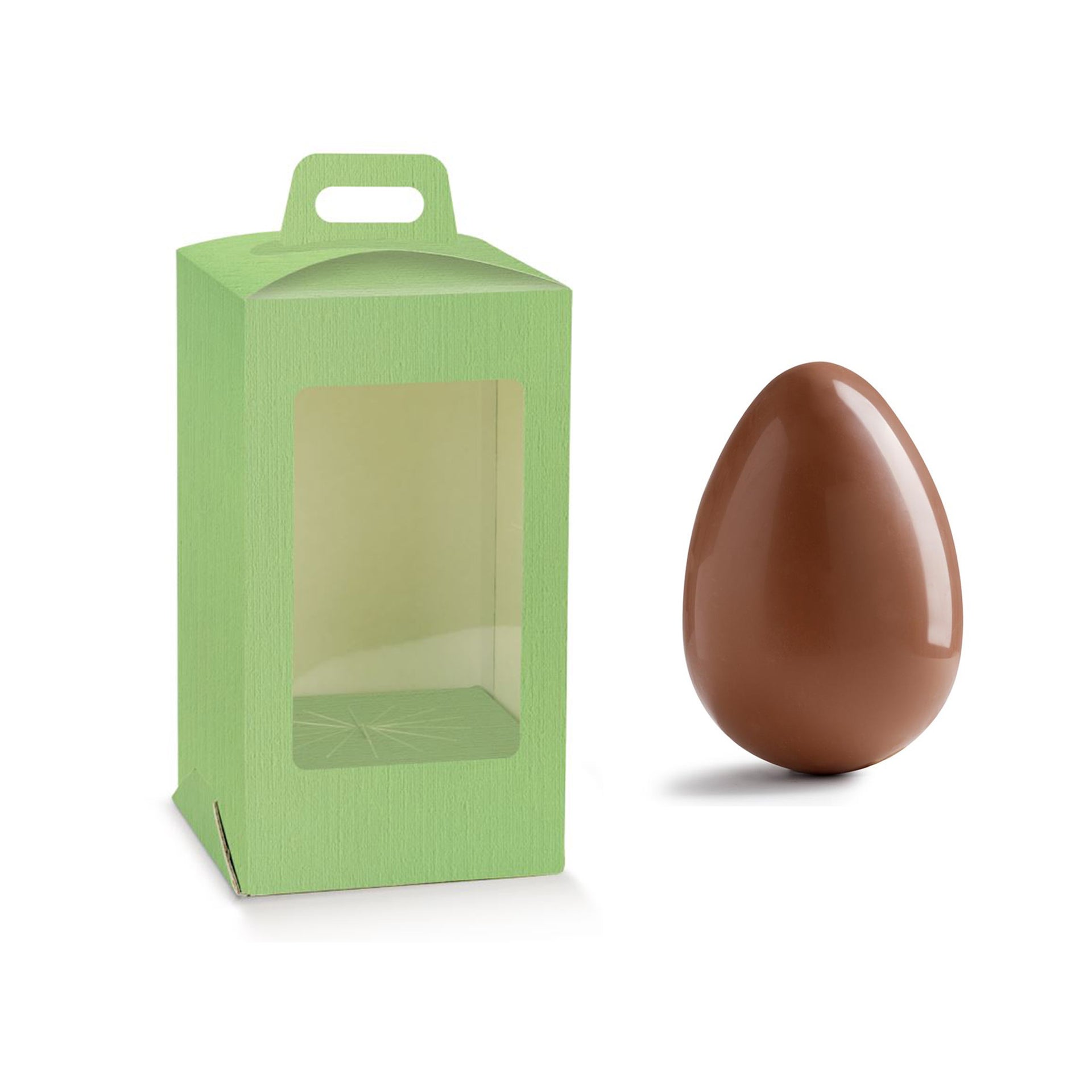 Scatola verde con finestra porta uovo di cioccolato, e uovo di cioccolato