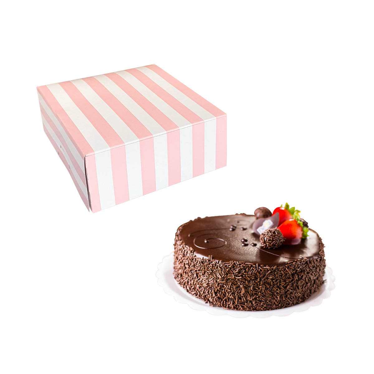 Scatola per pasticceria a righe bianche e rosa con accanto una torta al cioccolato