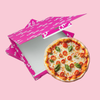 Scatola porta pizza fucsia e una pizza