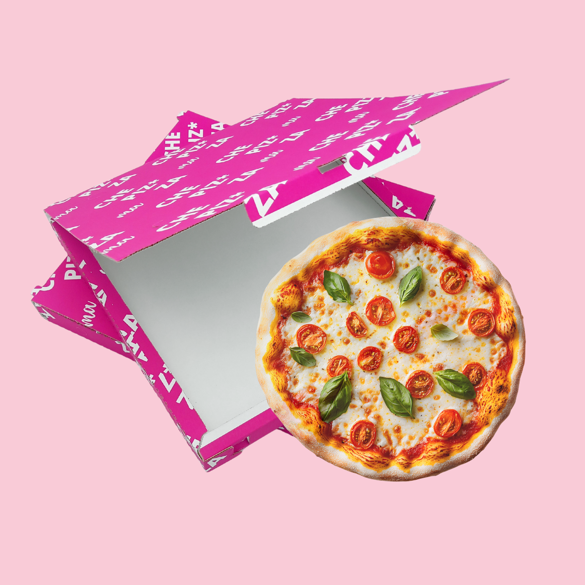 Scatola porta pizza fucsia e una pizza
