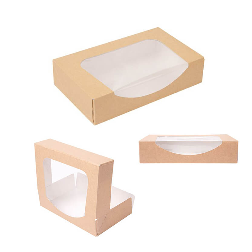 Scatola asporto con finestra antiappannamento – cartoncino avana, mostrata da tre diverse prospettive