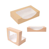 Scatola asporto con finestra antiappannamento – cartoncino avana, mostrata da tre diverse prospettive