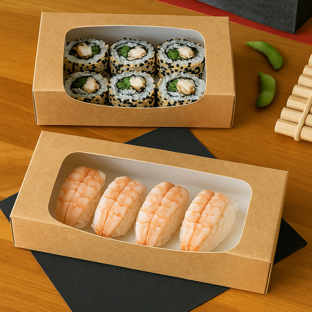Scatola per asporto color avana con finestra. Due, una con sushi ed una con sashimi, su una tavola