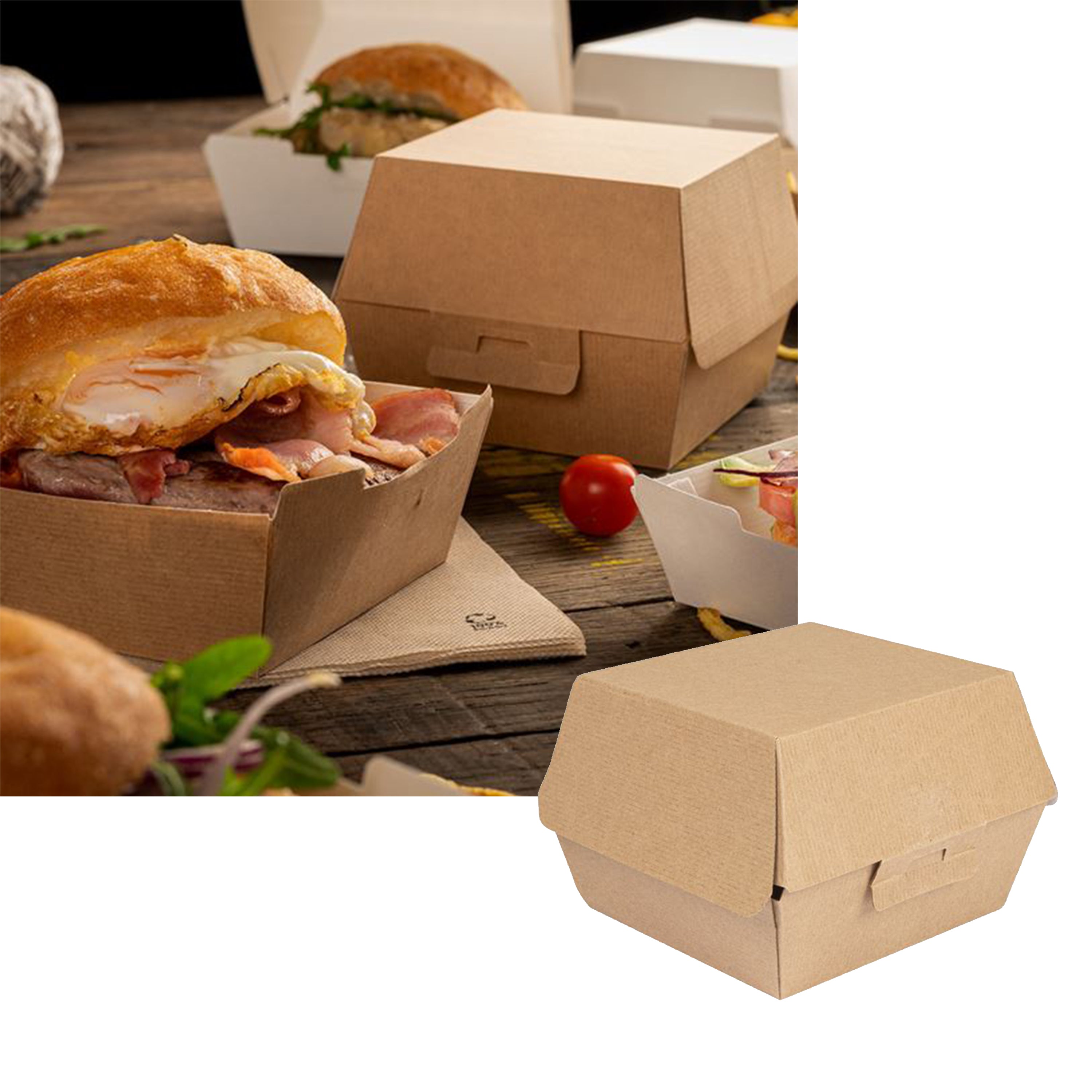 Scatola avana porta panino, di carta. mostrata chiusa e su un tavolo con cibo 