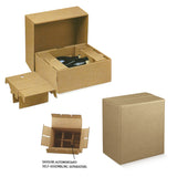 Scatola di cartone per vino mostrata chiusa, aperta e con divisori 