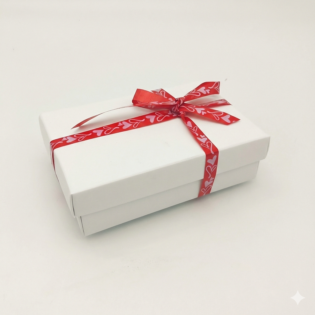 Scatola bianca porta gift card chiusa con nastro rosso e cuori bianchi 