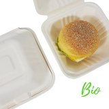 Scatola porta hamburger con coperchio attaccato mostrata dall'alto aperta con panino e chiusa 