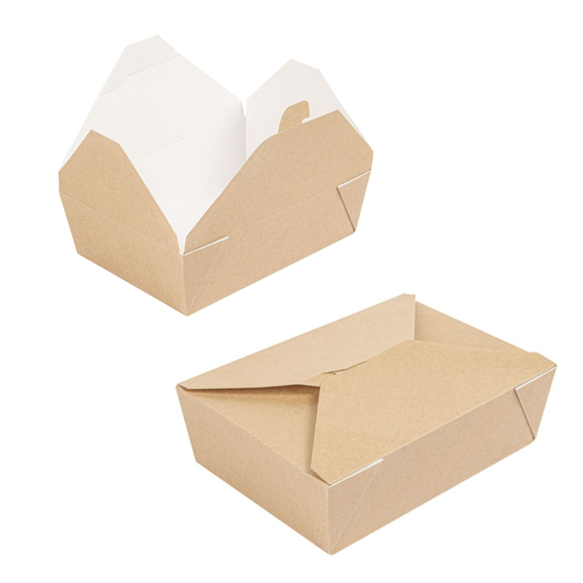Scatola per asporto color avana in cartoncino mostrata aperta e chiusa