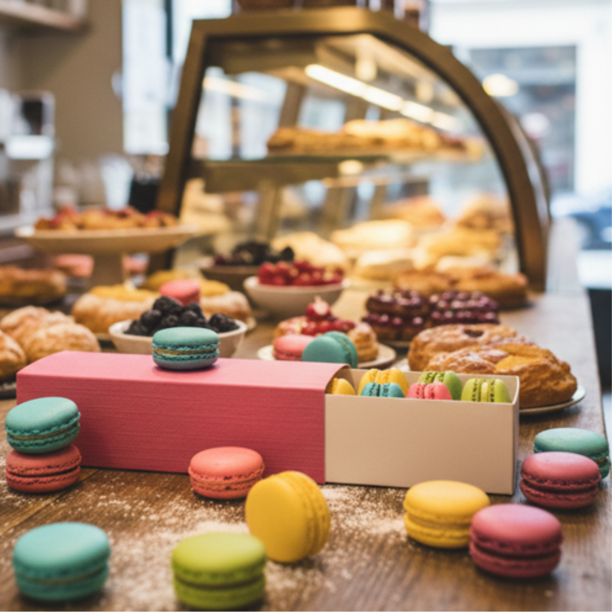 Scatola rosa porta macarons, aperta con macarons colorati dentro ed attorno su tavolo di un bar
