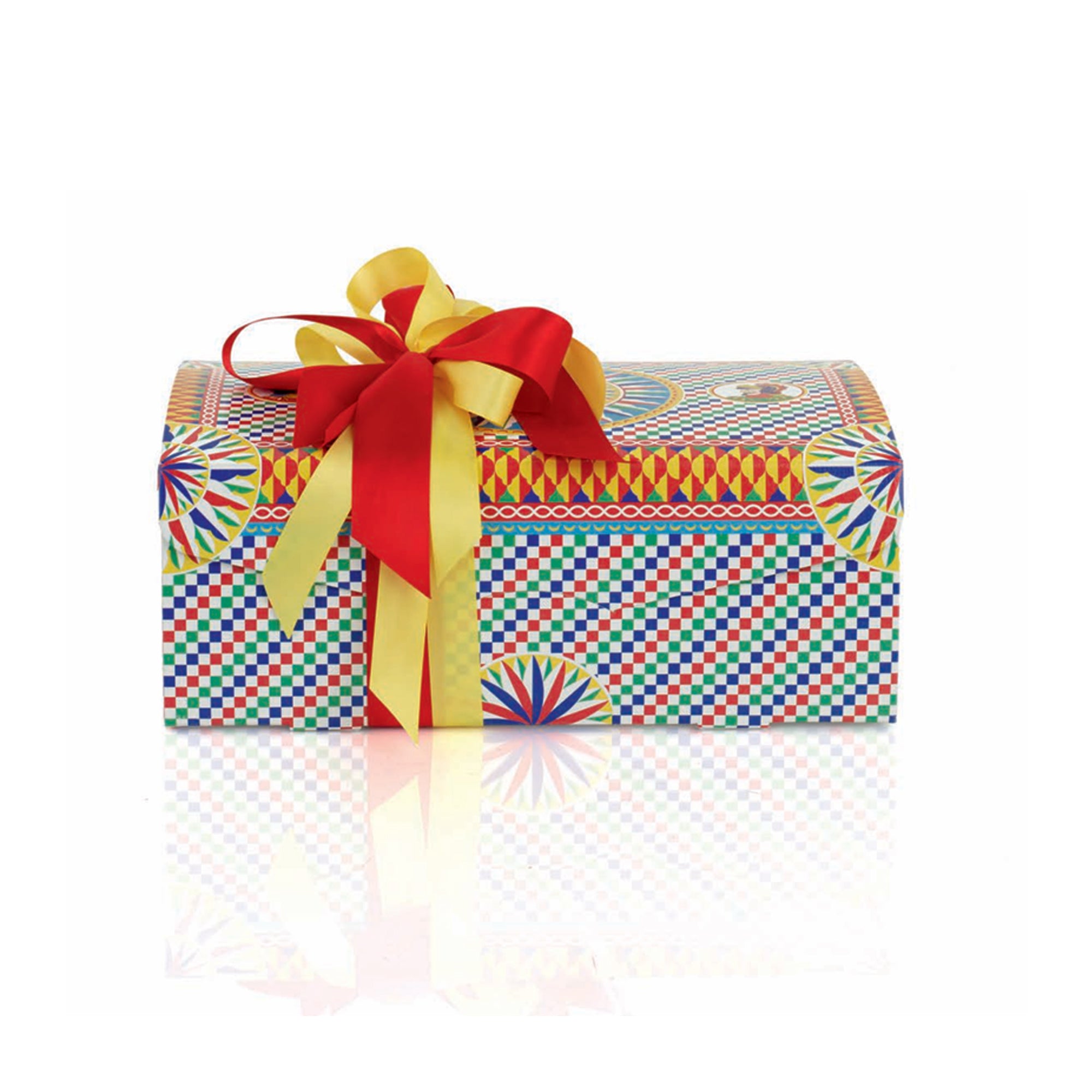 Scatola porta colomba fantasia mediterraneo con fiocco giallo rosso