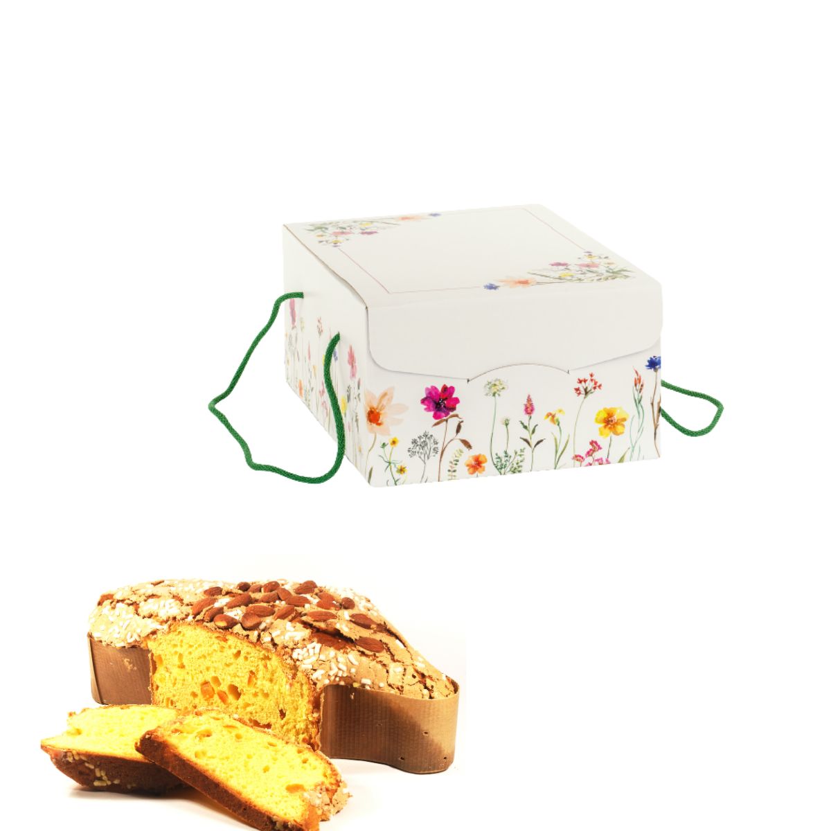 Scatola porta colomba decorazioni primaverili e colomba pasquale mostrata vicino