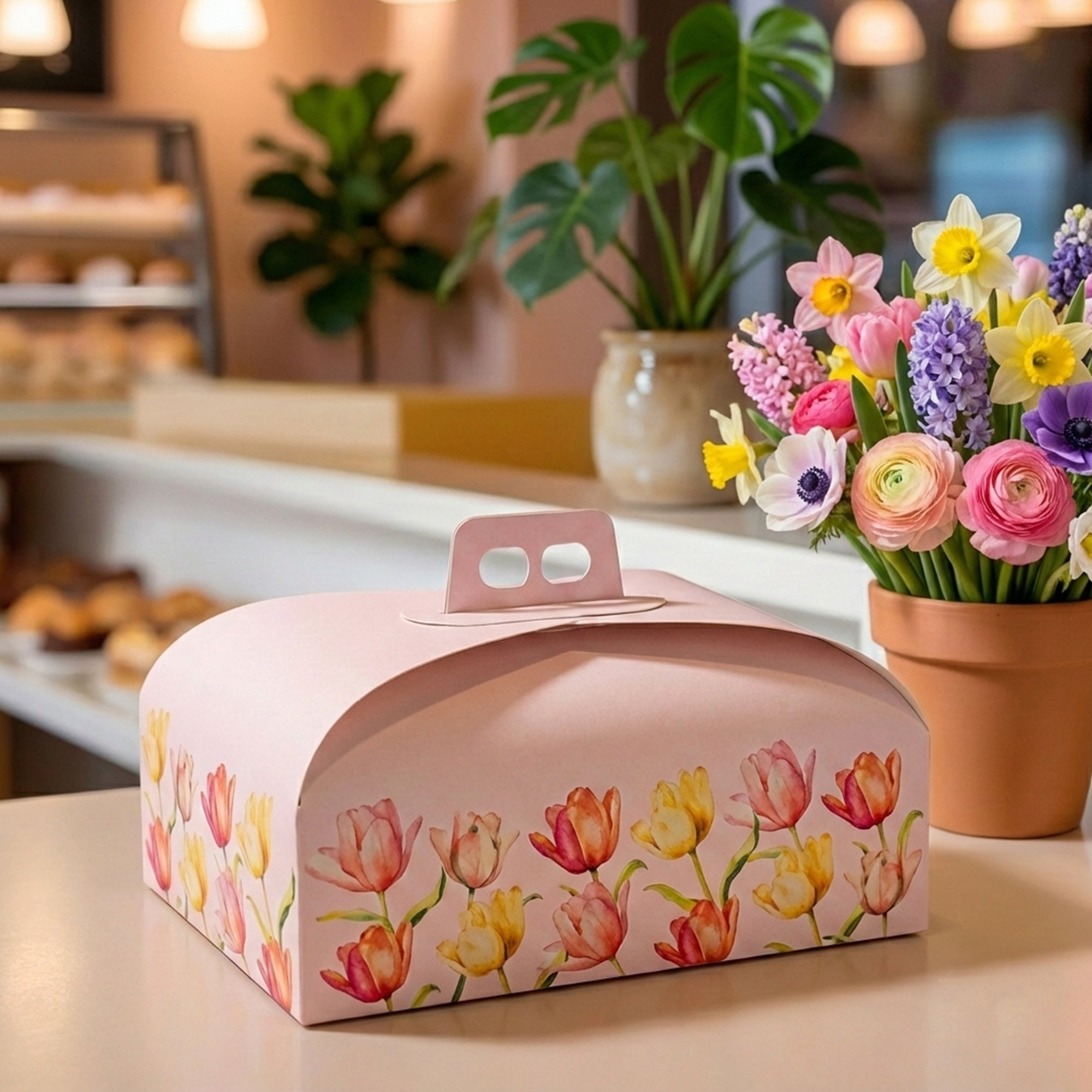 Scatola porta colomba fantasia tulipani su tavolo di un bar con vicino vaso di fiori 