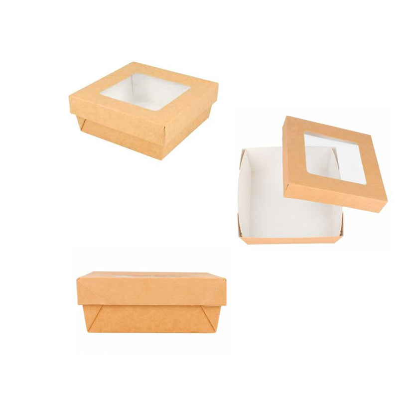 Scatoletta quadrata con coperchio con finestra, di cartone color avana per asporto mostrata da tre diverse prospettive 