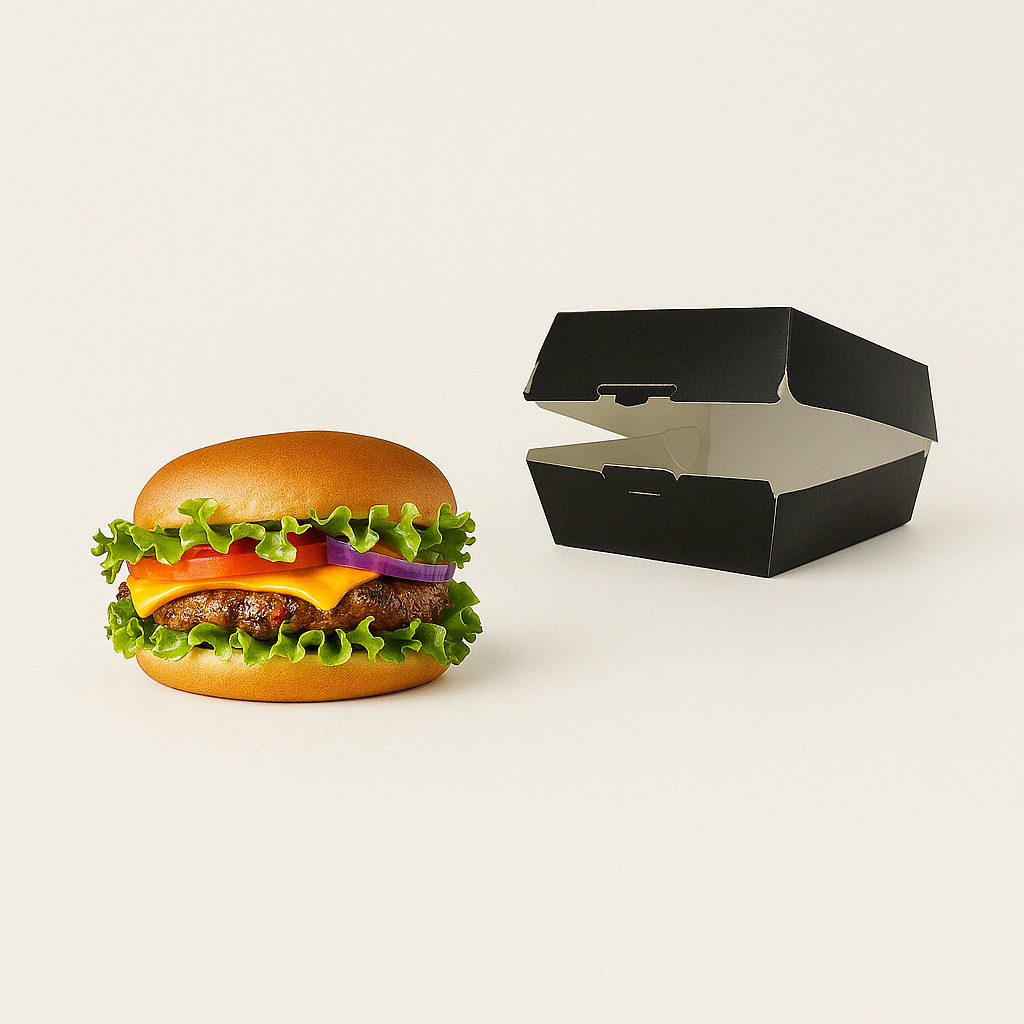 Scatola per hamburger nera semiaperta e hamburger vicino 