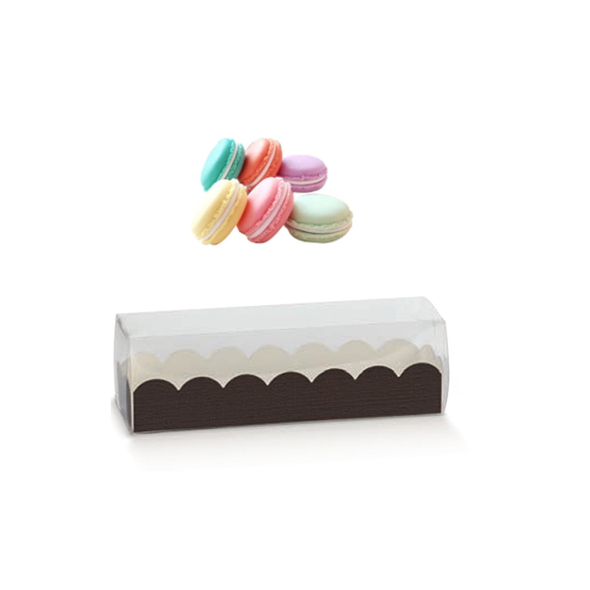 Scatola per macarons marrone  con accanto dei macarons 