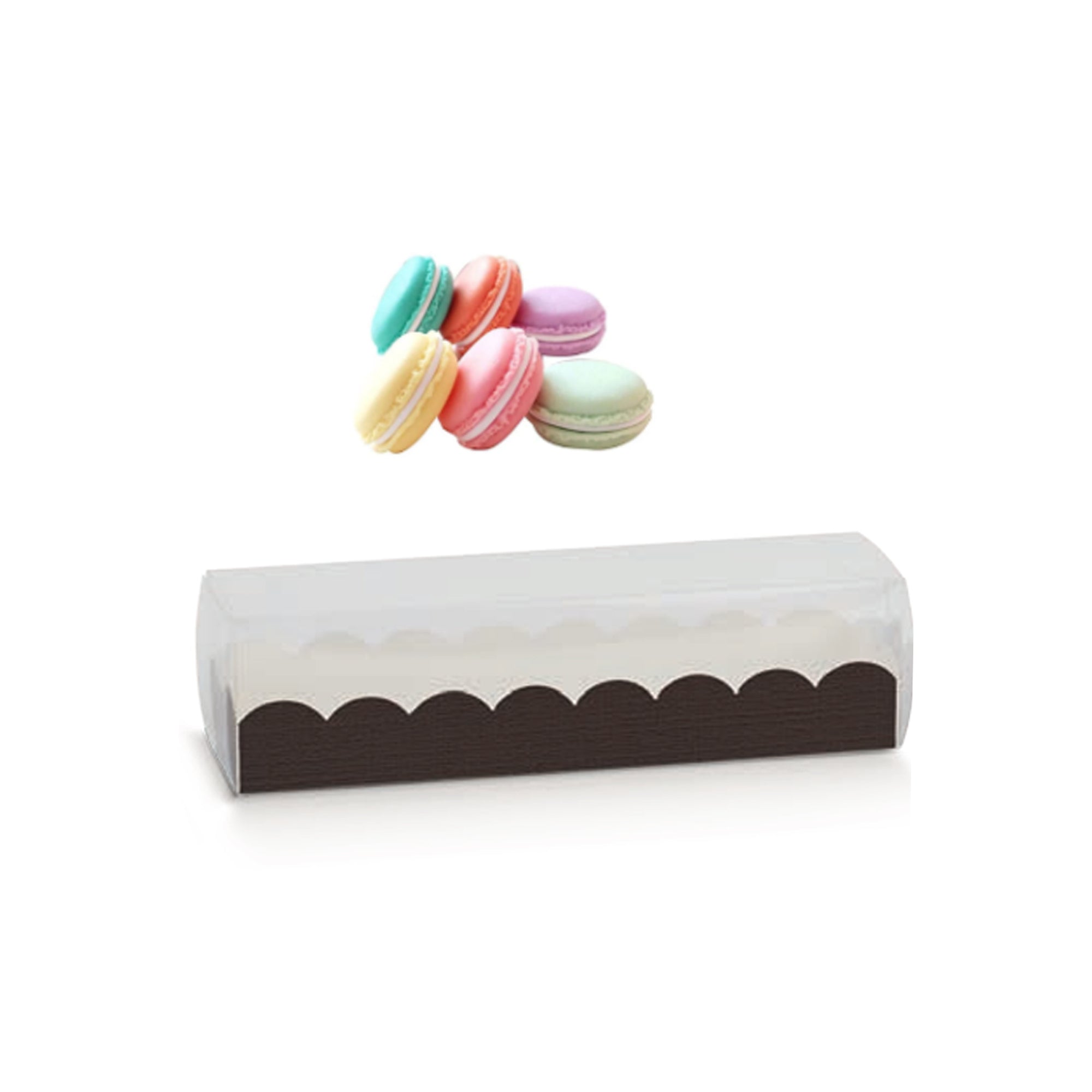 Scatola per macarons marrone , con vicino macarons 