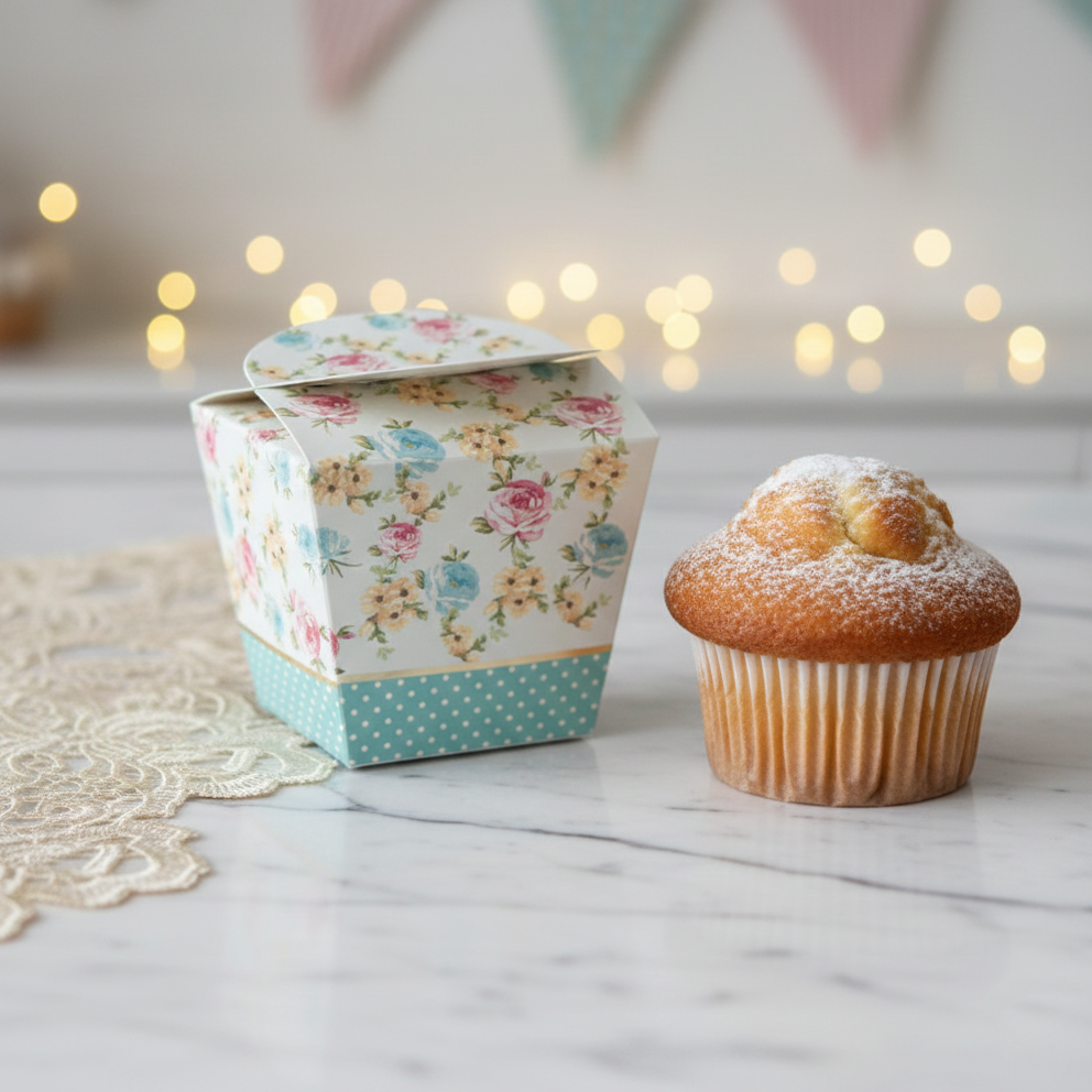 Scatola floreale per muffin con vicino un muffin, su un tavolo 