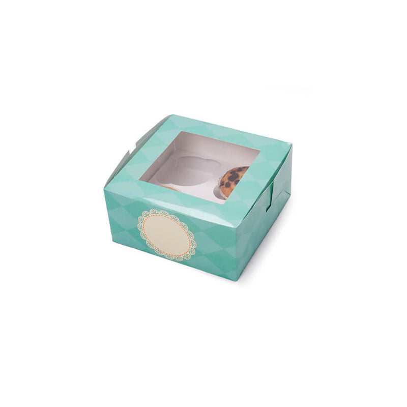 Scatola porta 4 muffin con un muffin dentro, con finestra, color verde acqua 
