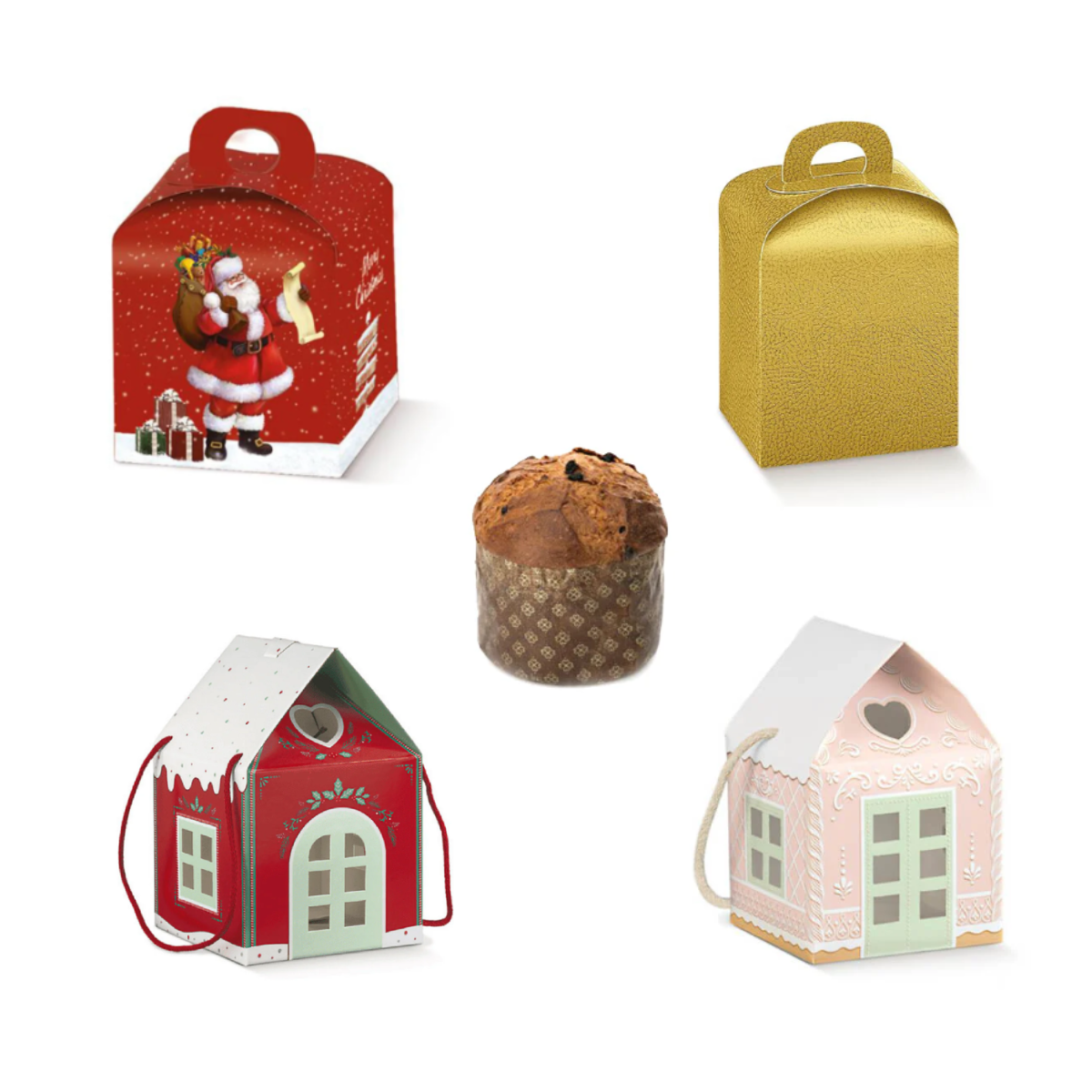 Mini panettone con attorno 4 scatole per mini panettone: una rossa con babbo natale, una dorata, e due a forma di casina, una sul rosso ed una sul rosa