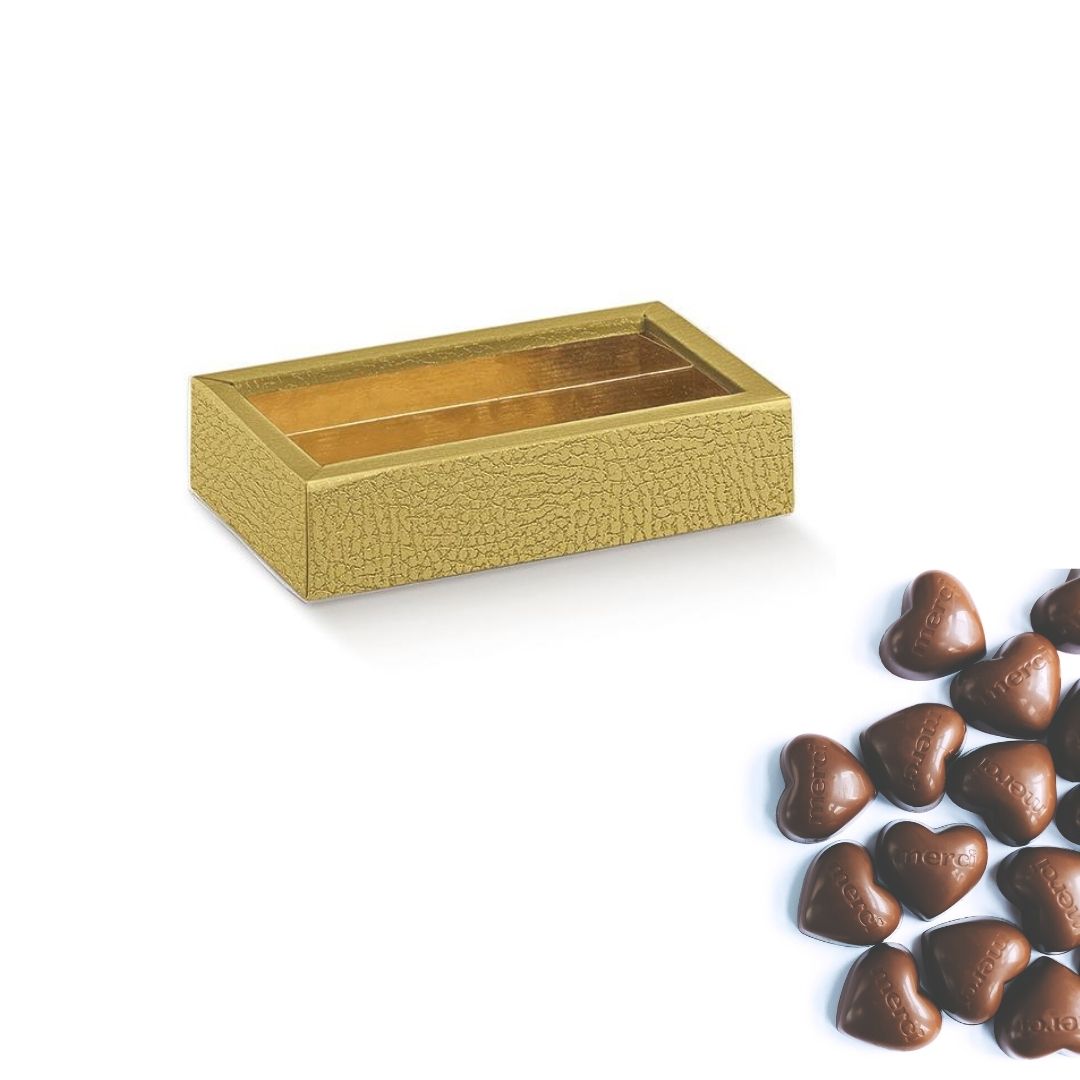 Scatola con finestra e divisorio color oro per cioccolatini e cioccolatini a forma di cuore 