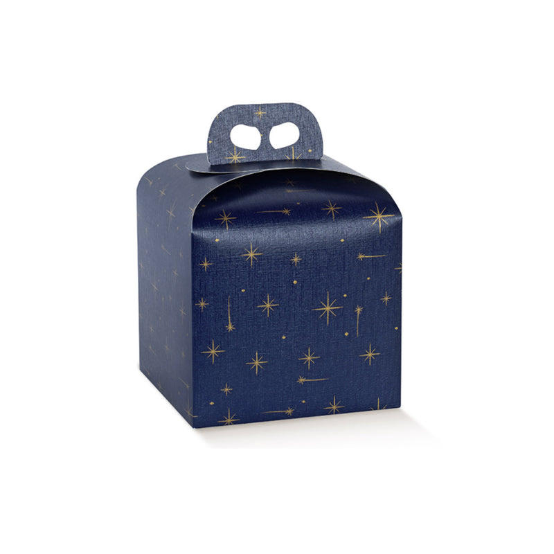 Scatola porta panettone blu con stelle dorate