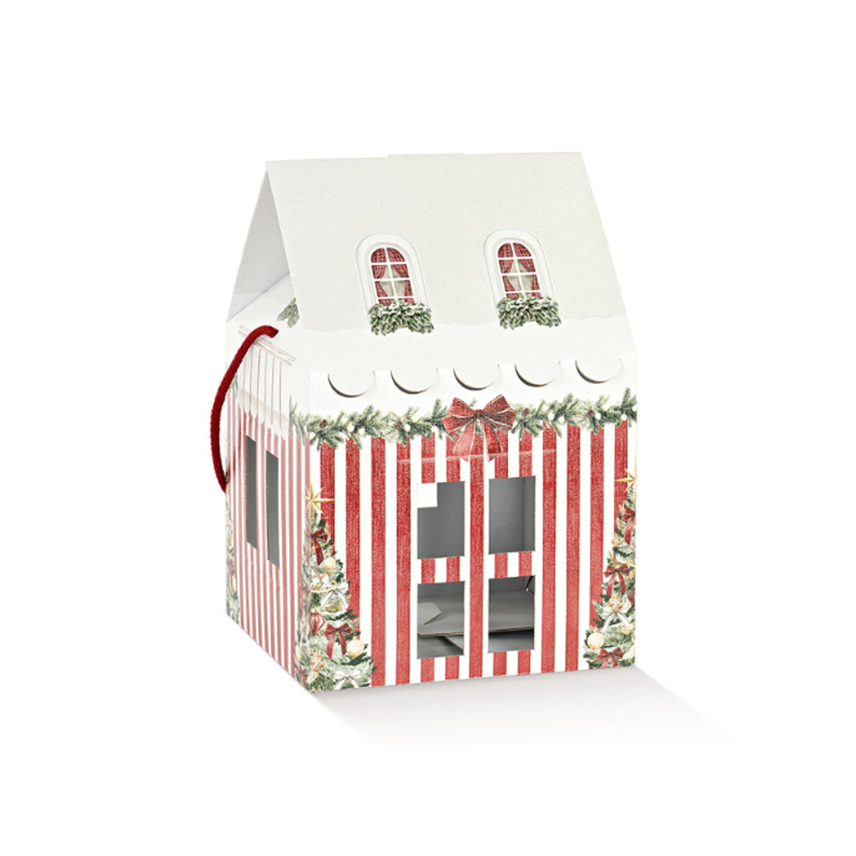 Scatola porta panettone a forma di casetta a righe bianche e rosse