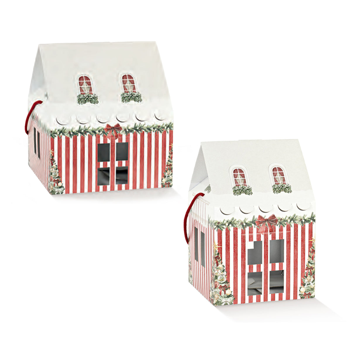 Scatola porta panettone a forma di casetta a righe bianche e rosse; due diverse misure