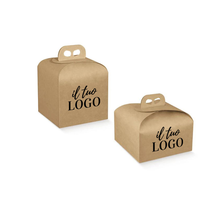 Scatola panettone personalizzata con il tuo logo, in color avana, mostrata per panettone alto e panettone basso