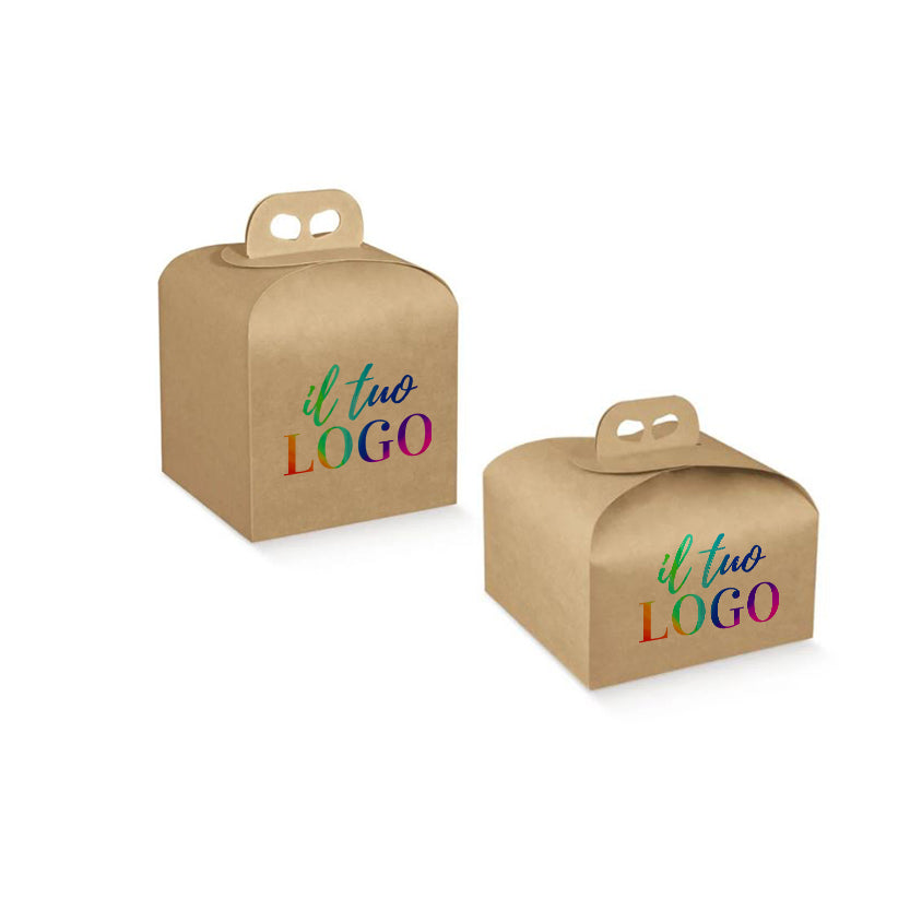 Scatola panettone personalizzata con il tuo logo, in color avana, mostrata per panettone alto e panettone basso