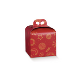 Scatola porta panettone rossa con elementi dell'universo in grafica dorata 