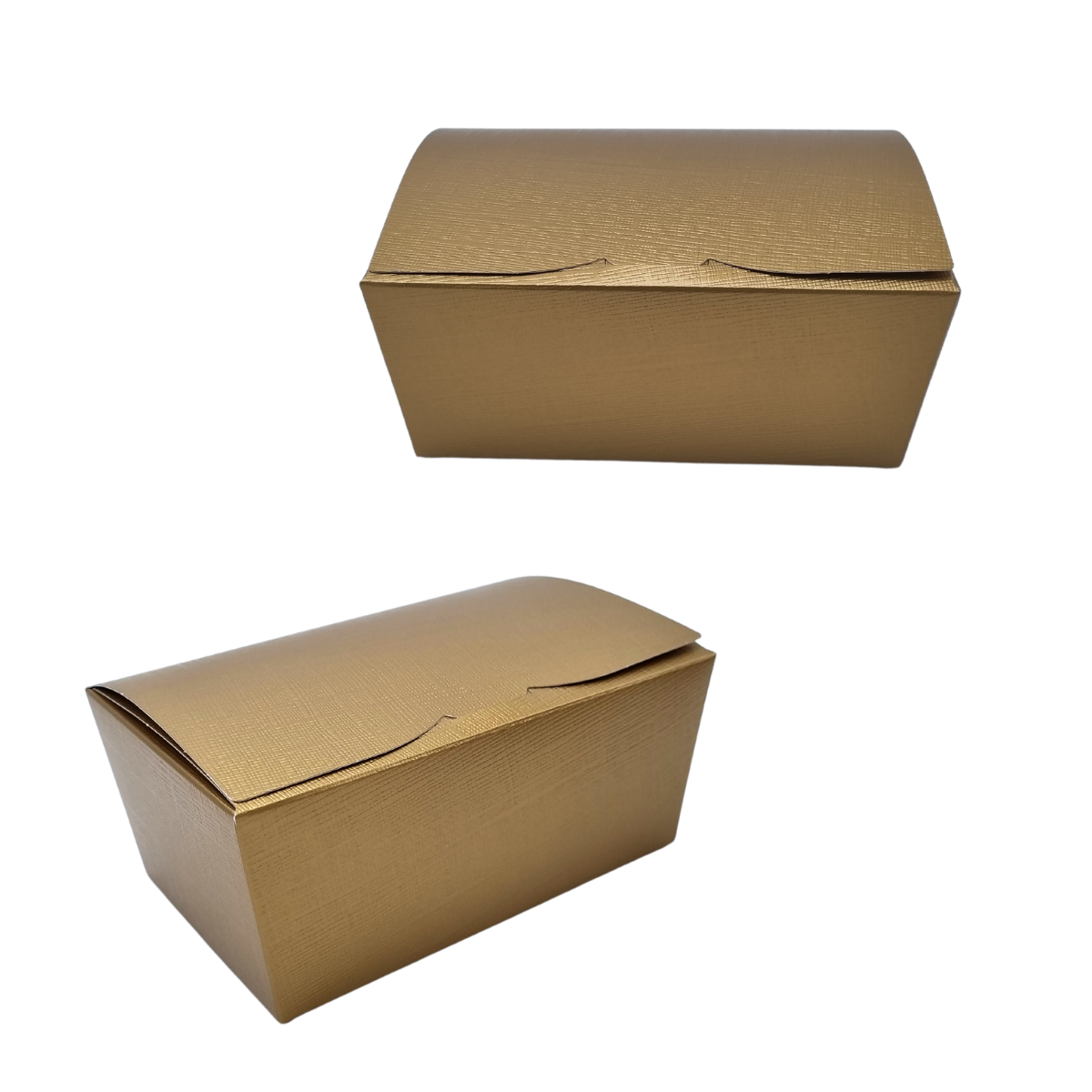 Scatola per pasticceria in cartoncino, color oro, vista da due prospettive 