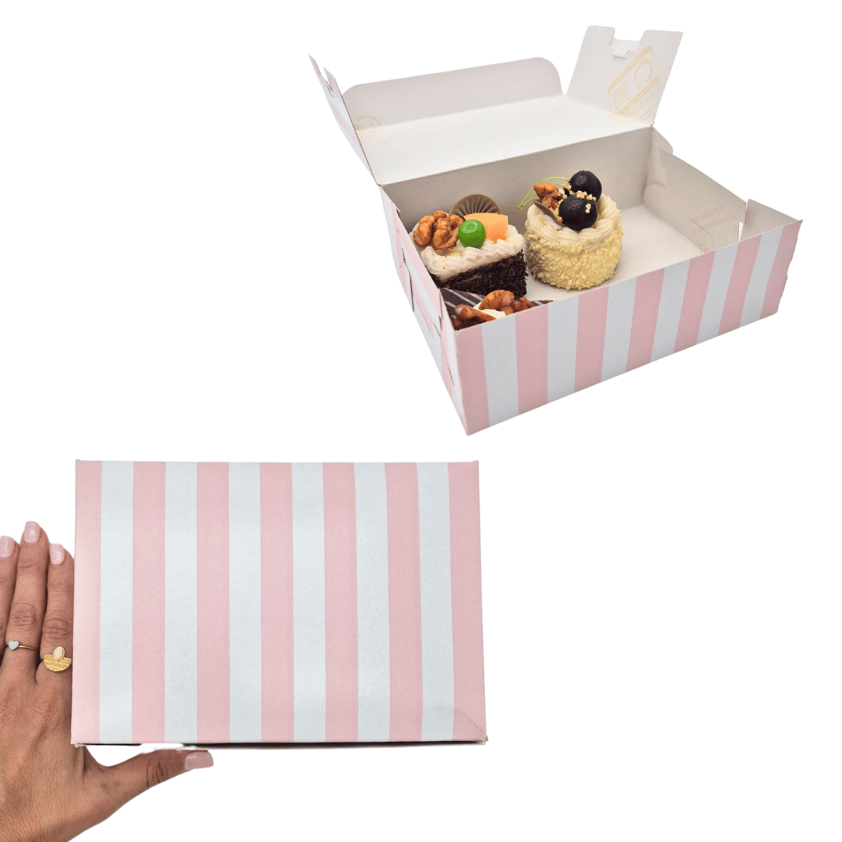 Scatola per pasticceria a righe bianche e rosa, una tenuta da una mano, una aperta con pasticcini dentro