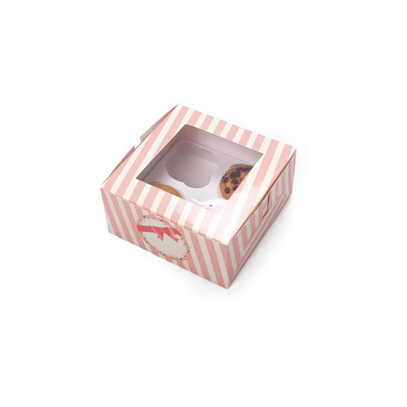 Scatola per muffin con finestra, a righe bianche e rosa, con dentro due muffin