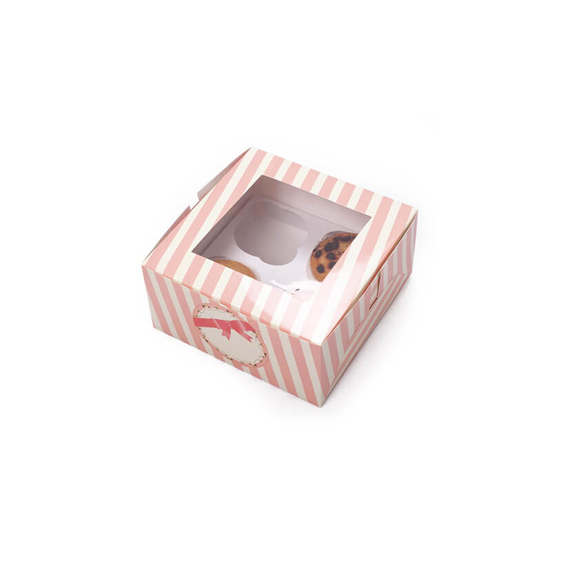 Scatola per muffin con finestra, a righe bianche e rosa, con dentro due muffin