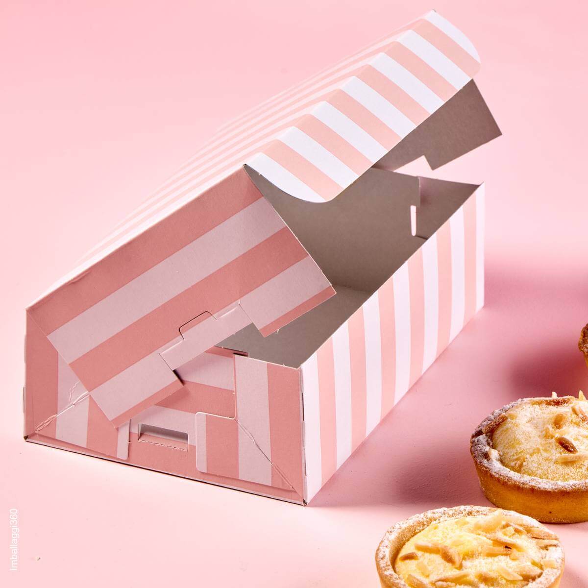 Scatola per alimenti stampa righe bianco e rosa per torte o piccola pasticceria