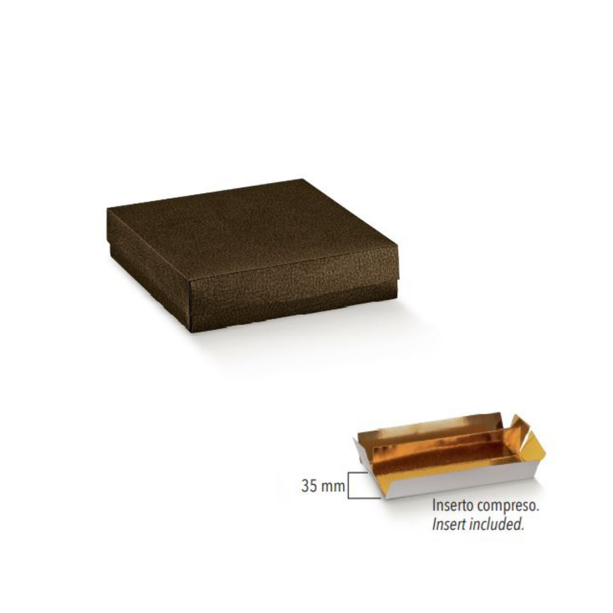 Scatola per cioccolatini  marrone con inserto dorato mostrato