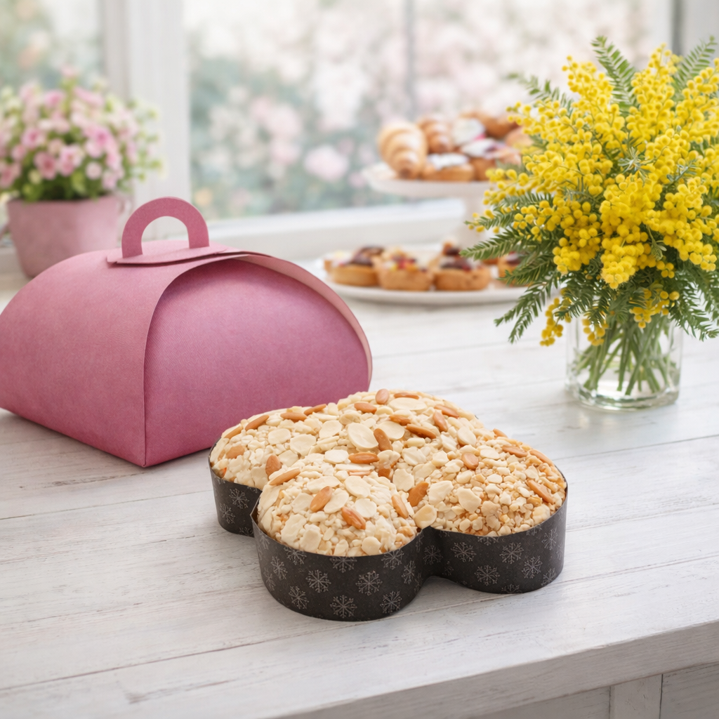Scatola porta colomba color corallo vicino ad una colomba, su un tavolo bianco con un bel mazzo di mimose