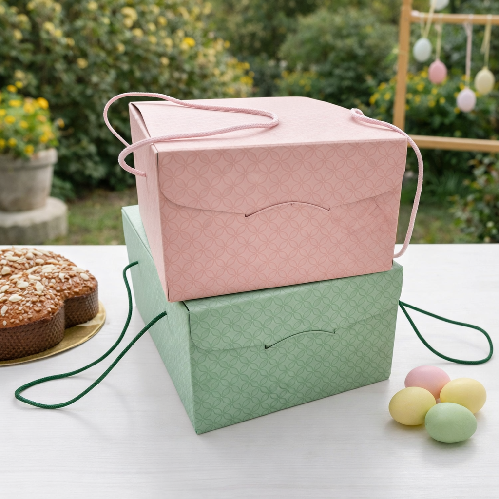 Scatole porta colombe, una rosa ed una verde impilate una sull'altra, su tavolino bianco all'aperto , vicino uova colorate e una colomba 
