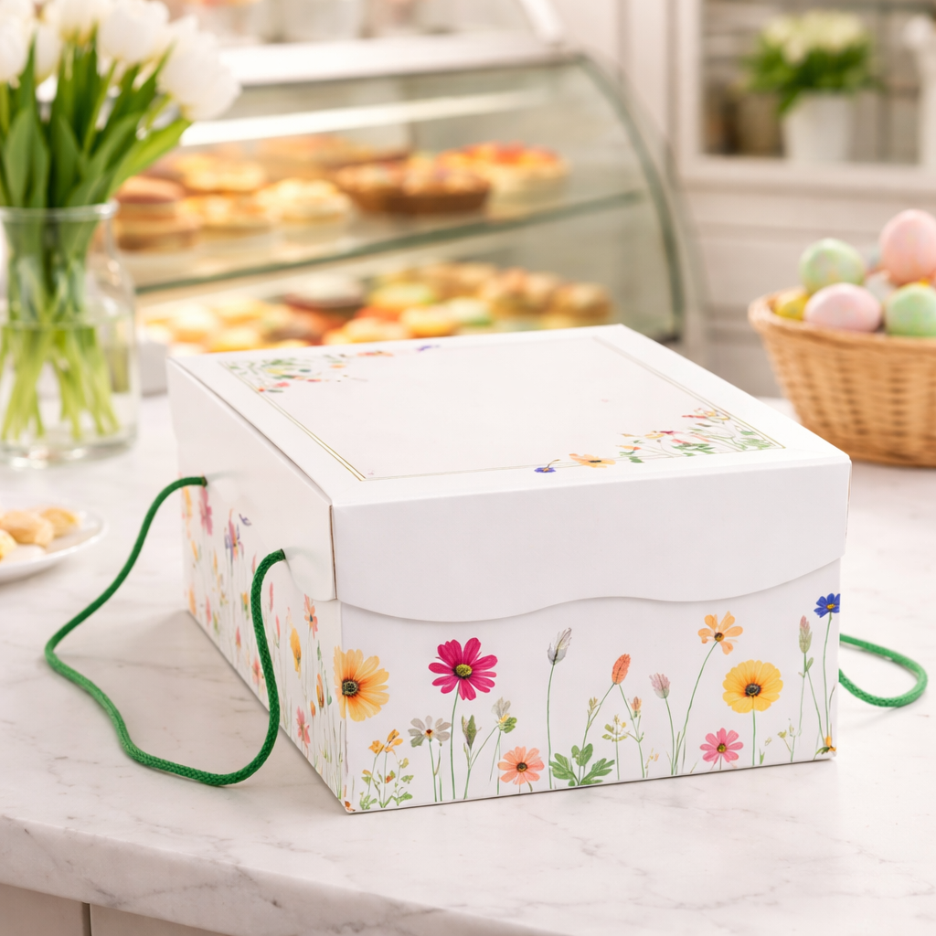 Scatola per colomba con fantasia floreale su un pasticceria 