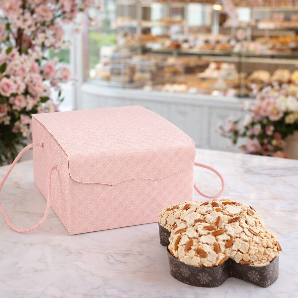 Scatola per colomba rosa su un tavolo di una pasticceria vicino ad una colomba 